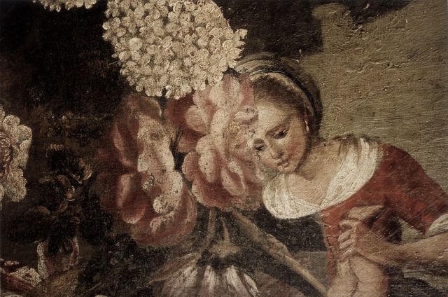 Anonimo — Autore non indicato - sec. XVII/ XVIII - Natura morta con vaso scolpito di fiori; Nascita di Maria Vergine — particolare